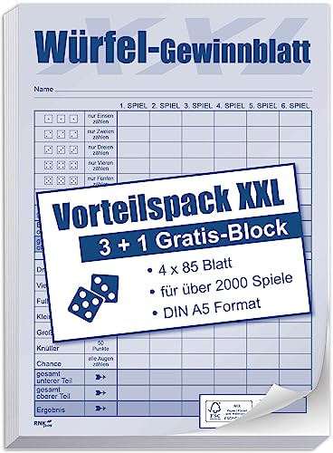 RNKVERLAG 5801-2 - Würfelspiel Vorteilspack XXL DIN A5, 4 Blöcke, je 85 Blatt für über 2000 Spiele, Blau, Weiß von RNKVERLAG