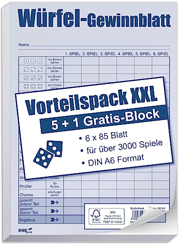 RNKVERLAG 5803-2 - Würfelspiel Vorteilspack XXL DIN A6, 6 Blöcke, je 85 Blatt für über 3000 Spiele, Blau, Weiß von RNKVERLAG