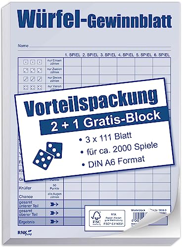 RNKVERLAG 5808-3 - Würfelspiel Vorteilspack DIN A6, 3 Blöcke, je 111 Blatt für ca. 2000 Spiele, Blau, Weiß von RNKVERLAG