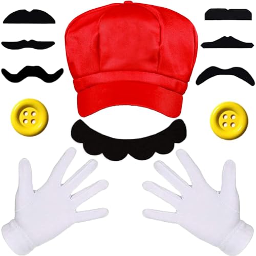 Cosplay Kostüm Zubehör und grün Hut Cosplay Kostüm Zubehör Kits, Spiel Hut, Weiße Handschuhe Brüder Kostüm Hut Cap 2 gelbe Knöpfe,12 Stück Klebriger Schnurrbart, für Halloween Kostüme Karneval Kostüm von RNNHDYT