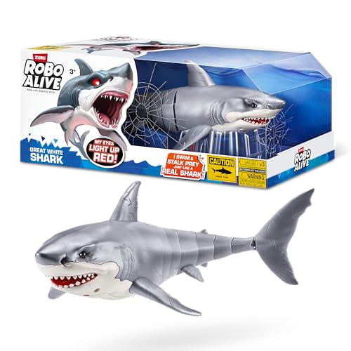 ROBO ALIVE Great White Shark Serie 1 von ZURU, batteriebetriebenes Roboter-Haispielzeug mit Leuchteffekt, Sommerpoolspielzeug, Badespielzeug, Hai von ROBO ALIVE