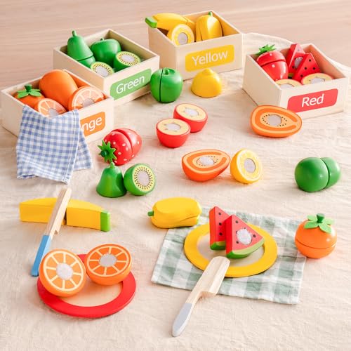 ROBUD Holzspielzeug Lebensmittel für Kinder, 22 PCS Schneiden Früchte Spielzeug Set, Pretend Play Küche Zubehör für Kleinkinder, pädagogische Spielzeug Lebensmittel Playset für Jungen & Mädchen ROBUD Holzspielzeug Lebensmittel für Kinder, 22 PCS Schneiden Früchte Spielzeug Set, Pretend Play Küche Zubehör für Kleinkinder, pädagogische Spielzeug Lebensmittel Playset für Jungen & Mädchen von ROBUD