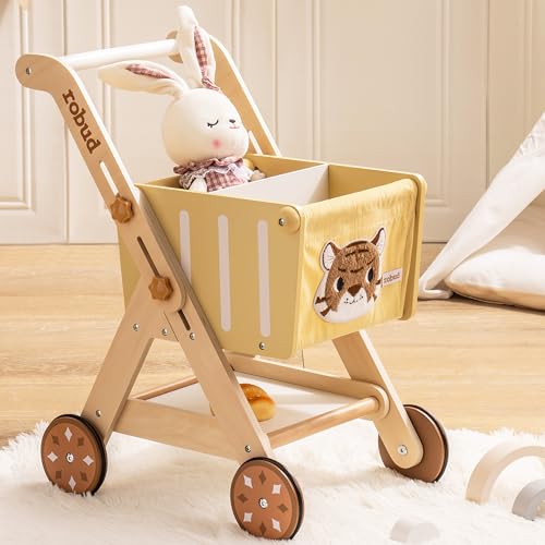 ROBUD Einkaufswagen aus Holz für Mädchen und Jungen, Baby Push Walker, höhenverstellbarer hölzerner Lauflernwagen für Kinder und Kleinkinder von ROBUD