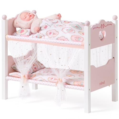 ROBUD Holzpuppen-Etagenbett, 2-in-1-Convertible Puppenbett mit Bettwäsche, Baldachin Vorhänge & Herz Kopfteil, Baby-Puppenbett für 18-Zoll-Puppen, Puppen-Zubehör Geschenk für Kinder ab 10M, Rosa ROBUD Holzpuppen-Etagenbett, 2-in-1-Convertible Puppenbett mit Bettwäsche, Baldachin Vorhänge & Herz Kopfteil, Baby-Puppenbett für 18-Zoll-Puppen, Puppen-Zubehör Geschenk für Kinder ab 10M, Rosa von ROBUD