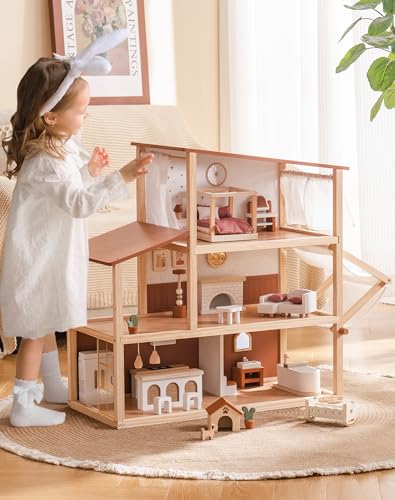 ROBUD Puppenhaus Holz, Böhmischen Stil 3-Stöckiges Puppenhaus mit 37 Realistische Zubehör & Möbel, Kinder Dollhouse Spielzeug Geschenke ab 3 Jahre Mädchen ROBUD Puppenhaus Holz, Böhmischen Stil 3-Stöckiges Puppenhaus mit 37 Realistische Zubehör & Möbel, Kinder Dollhouse Spielzeug Geschenke ab 3 Jahre Mädchen von ROBUD