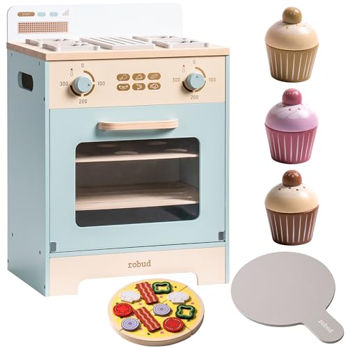 ROBUD Holz Kinderofen, Spielzeug Küchen Set für Kinder mit Cupcakes, Pizza, Tablett Jungen & Mädchen. von ROBUD