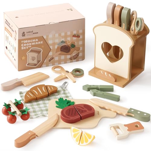 ROBUD Spielküche Kindermesser Set für Kinder – Kinderküche Zubehör, Schneiden Spiel Lebensmittel Holz mit Toastförmigem Messerhalter, Rollenspiel Küchen Spielzeug Geschenke für Kinder von ROBUD