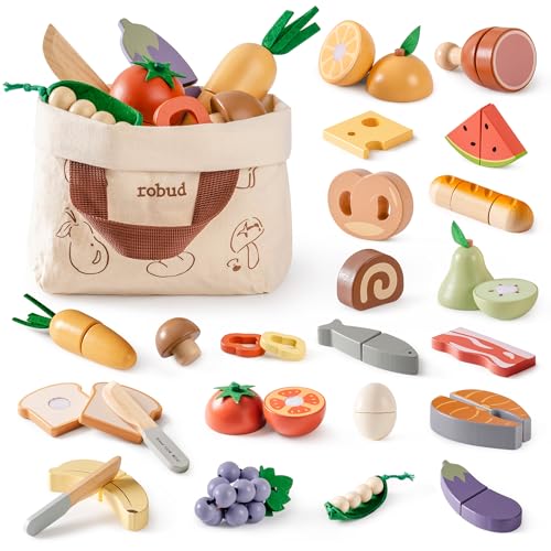 ROBUD Spielküche Zubehör Holz, Schneiden Spielzeug-Lebensmittel 4-in-1 Set Obst Gemüse Fleisch Backen Lebensmittel für Kinderküche mit Aufbewahrungstasche, Mädchen Junge Geschenk ab 3 Jahren ROBUD Spielküche Zubehör Holz, Schneiden Spielzeug-Lebensmittel 4-in-1 Set Obst Gemüse Fleisch Backen Lebensmittel für Kinderküche mit Aufbewahrungstasche, Mädchen Junge Geschenk ab 3 Jahren von ROBUD