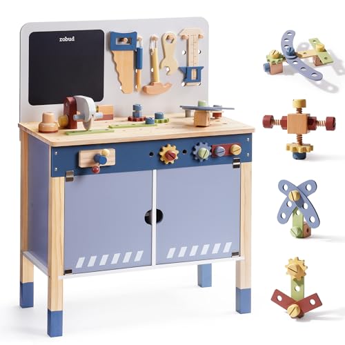 ROBUD Holzspielzeug Werkbank, Großes Kinder Holz Spielwerkzeug, Pretend Play Creative Building Set, Construction Workshop Tool Bench Toys, Geschenk für Mädchen Jungen 3+ von ROBUD