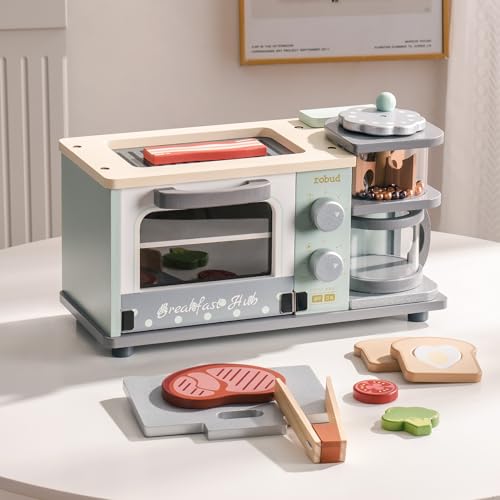 ROBUD Kinder Küche Zubehör Holz | Kinder Frühstücksautomat Spielküchen Set mit Kaffeemaschine, Backofen, Grillplatte, Spielzeuglebensmittel, Küchengeräteset Geschenke für Kinder ab 3 Jahren (Mintgrün) von ROBUD