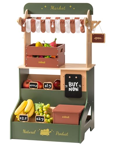 ROBUD Kaufladen für Kinder Holz, Spielzeugladen Rollenspielladen Marktstand mit realistischen Regalen und Stoffüberdachung, Supermarkt, Spielzeug Kleinkind Geschenke für Mädchen Jungen von ROBUD