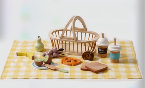 ROBUD Kinder-Holz-Picknick-Spielnahrungs-Set, 14-teiliges Schneidespielzeug mit Korb, Obst, Brot, Kuchenrolle, Kaffee, Milch, Teller, Messer und Picknicktuch, Küchenzubehör für Kleinkinder ab 3 Jahren ROBUD Kinder-Holz-Picknick-Spielnahrungs-Set, 14-teiliges Schneidespielzeug mit Korb, Obst, Brot, Kuchenrolle, Kaffee, Milch, Teller, Messer und Picknicktuch, Küchenzubehör für Kleinkinder ab 3 Jahren von ROBUD