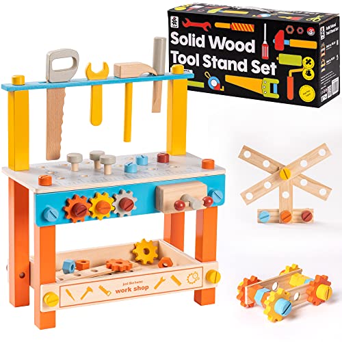 ROBUD Kinder Werkbank aus Holz mit Werkzeug und Zubehör| Werkzeugbankmit Schraubstock, Hammer, Holzspielzeug für Kinder Kleinkinder ab 3 Jahre, Orange von ROBUD