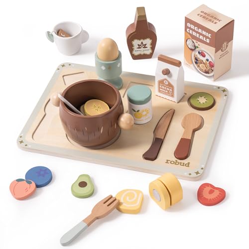 ROBUD Holzspielzeug Spielküche Zubehör, 31 Pcs Spielzeug-Lebensmittel Frühstücksset mit Kokosnussschale, Speiseteller, Obstdessert, Holz Kinderküche Zubehör, Geschenke für Mädchen Jungen ab 3-6 Jahren von ROBUD