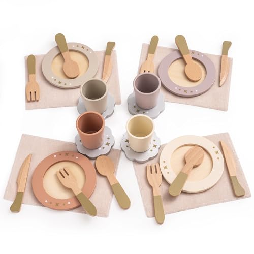 ROBUD Kinderküche Zubehör Holz Geschirr, 29 PCS Teller und Küchenutensilien Geschirrset für Rollenspiel, Kinder Spielküche Küchenzubehör, Holz Spielzeug Geschenk für Mädchen Jungen 3-8 Jahren von ROBUD