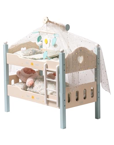 ROBUD Puppenbett Holz für 43 cm Puppen, 2-in-1 Holz Baby Puppen Bett Etagenbett mit Puppenbettwäsche, Babyspielzeug Puppenbett für Rollenspiele, Puppen Zubehör Spielzeug für Kinder (Blau) von ROBUD