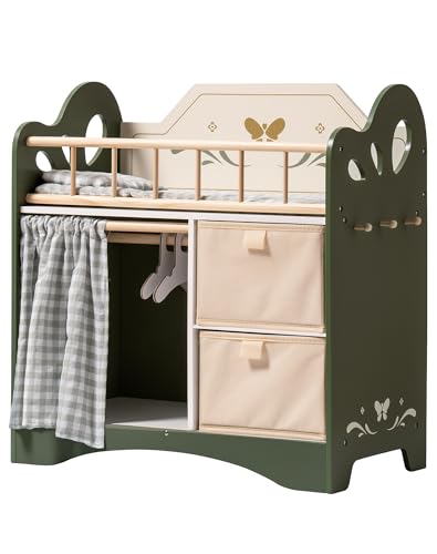 ROBUD Puppenbett Holz, Spielzeug Puppen Bett mit Kleiderschrank, Bettwäsche, Stauraum & Haken, Puppenbett für Puppen bis 51 cm, Geschenke für Mädchen ab 3 Jahren (Grün) von ROBUD