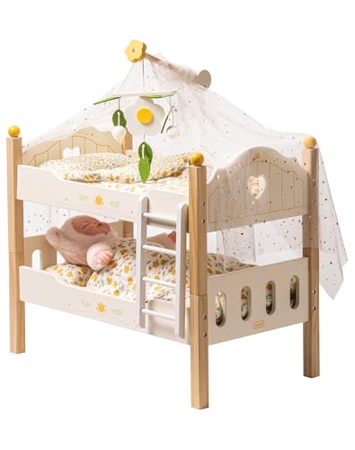 ROBUD Puppenbett für Puppen, Puppen Zubehör Holz Etagenbett, Stapelbares & Abnehmbares Puppenwiege, Puppen Bett für 43 cm Puppen mit Puppenbettwäsche, Mädchen Geschenk Spielzeug für Kinder (Gelb) von ROBUD