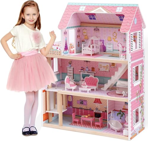 ROBUD Puppenhaus Holz Kinder Spielzeug | Dollhouse Mädchen Spielzeug Puppenhaus ab 2 3 4 5 Jahre Mädchen Puppen Haus Groß mit Zubehör, Geschenk für Mädchen Kinder von ROBUD