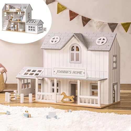ROBUD Puppenhaus aus Holz,Bauernhofhütte mit Pferdestall und Möbeln,Rollenspiel-Spielzeughaus,für Kinder ab 3 Jahren von ROBUD