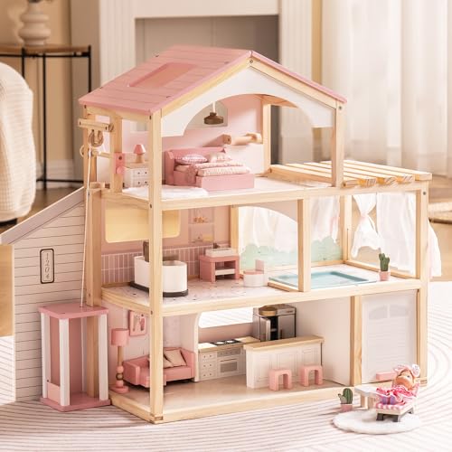 ROBUD Puppenhaus aus Holz,Puppen-Villa mit Möbel,Mit Aufzug, Garage, Pavillon und Schwimmbad,Geschenk für Kinder ab 3, 4, 5, 6 Jahren und älter,Rosa von ROBUD