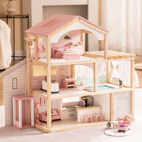 ROBUD Puppenhaus aus Holz,Puppen-Villa mit Möbel,Mit Aufzug, Garage, Pavillon und Schwimmbad,Geschenk für Kinder ab 3, 4, 5, 6 Jahren und älter,Rosa ROBUD Puppenhaus aus Holz,Puppen-Villa mit Möbel,Mit Aufzug, Garage, Pavillon und Schwimmbad,Geschenk für Kinder ab 3, 4, 5, 6 Jahren und älter,Rosa von ROBUD