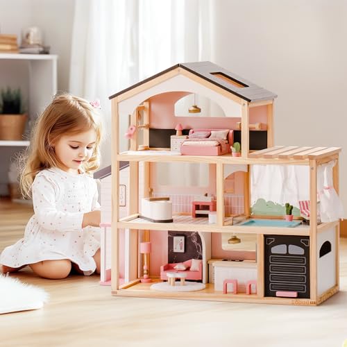 ROBUD Puppenhaus aus Holz,Puppen-Villa mit Möbel,Mit Aufzug, Garage, Pavillon und Schwimmbad,Geschenk für Kinder ab 3, 4, 5, 6 Jahren und älter,Schwarz von ROBUD