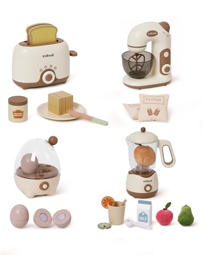 ROBUD Küchenzubehör Kinder Set, Küchengeräte Spielküche Kinderküche Zubehör Holz für Kinder - Toaster, Mixer, Pürierstab, Eierkocher - Realistische Geräusche, Spielzeug Geschenke für Kinder (4er-Set) von ROBUD