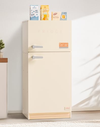 ROBUD Spielküchen Spielzeug Kühlschrank – Kinder-Kühlschrank Holz, Kinderküche Zubehör Spielkühlschrank für Kinder, Geschenk für Mädchen Jungen ab 3 Jahren (Creme-Stil Kühlschrank) von ROBUD