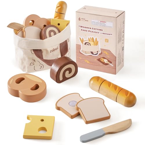 ROBUD Holz Spielzeug-Lebensmittel, Spielküche Zubehör Holz Lebensmittel Backen zum Schneiden für Rollenspiel mit Aufbewahrungstasche, Mädchen Jungen Spielzeug Geschenke ab 3 Jahren, Backset von ROBUD