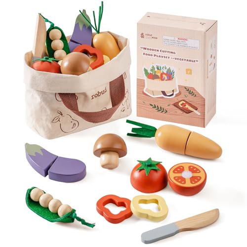 ROBUD Holzspielzeug Lebensmittel Set, Gemüse Schneiden Kinderküche Zubehör Spiel-lebensmitteln für Kinder Spielset mit Aufbewahrungstasche, Geschenke für Kinder Spielzeug ab 3 Jahre, Gemüseset von ROBUD