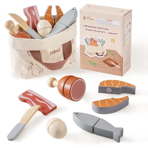 ROBUD Holz Lebensmittel Kinderküche Set, Spielküchen Zubehör Holz Schneiden Spielzeug-lebensmitteln für Kinder, Lebensmittel mit Aufbewahrungstasche, Geschenk für Kinder ab 3 Jahren, Fleischset von ROBUD