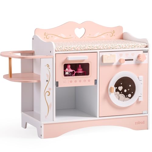 ROBUD Holzpuppen-Wickelstation, 4-in-1 Kleinkind-Puppen-Wickeltisch mit Waschmaschine & Flaschensterilisator, Aufbewahrung & Puppensitz, Puppenzubehör für Puppen unter 20", Geschenk für Kinder Rosa ROBUD Holzpuppen-Wickelstation, 4-in-1 Kleinkind-Puppen-Wickeltisch mit Waschmaschine & Flaschensterilisator, Aufbewahrung & Puppensitz, Puppenzubehör für Puppen unter 20", Geschenk für Kinder Rosa von ROBUD