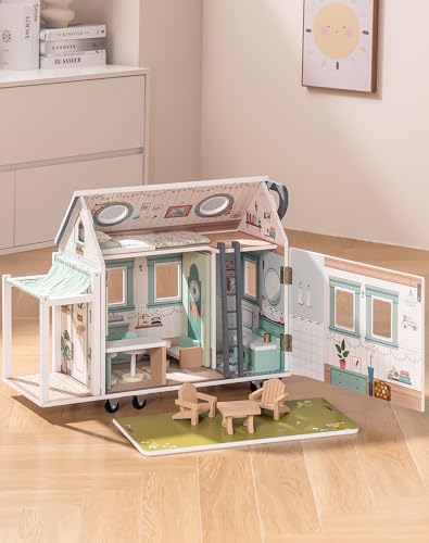 ROBUD Wohnmobile Puppenhaus Holz – Realistisches Dollhouse mit Griff und Rädern, inklusive Miniküche, Bewegliches Puppenhaus mit Möbel Zubehör, Geschenk Spielzeug für Kinder ab 3 Jahre Mädchen von ROBUD