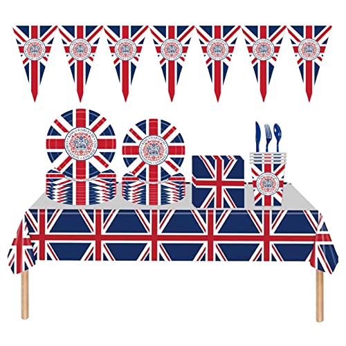 ROCKIA Teller und Servietten mit britischer Flagge, Geschirrset mit Union Jack-Muster, Praktische Geschirrsets, umweltfreundliches Partyzubehör für Geburtstage, Mottopartys und Festivals von ROCKIA