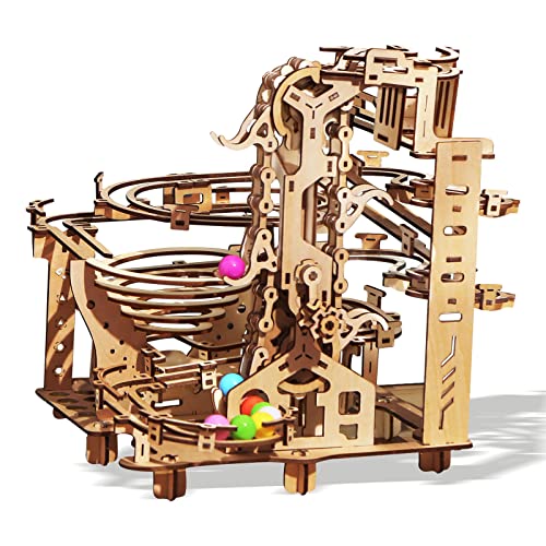 Holz Kugelbahn Set 3D Puzzle, Holzfarbene Kugeln, Stufenaufzug mit 3-Stufen-Hebemechanismus – kinetisches DIY Kugelbahn Holzpuzzle von ROEOLNIL