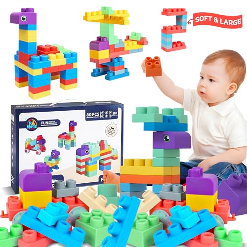 Baby Soft Blocks Set, 80PCS Big Building Toys, Soft Rubber Blocks for Babies 6 Months and Up, STEM Educational Toddler Gift, Sensory Stacking Baby Toys von ROHSCE