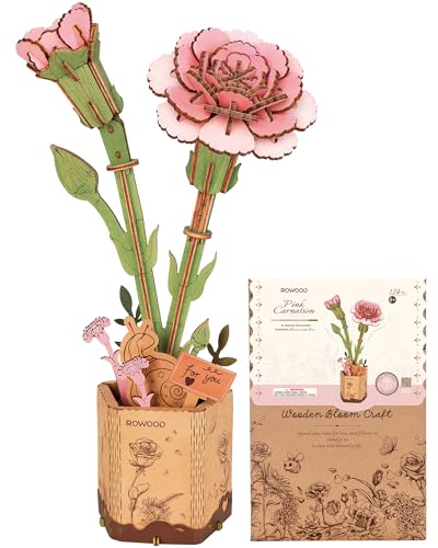 ROWOOD 3D Puzzle Rosa Nelke, DIY-Blume Aus Holz, Modellbausätze Für Künstliche Blumen Zum Zusammenbauen Für Erwachsene, Beste Heimdekoration Und Valentinstags-Spielzeug-Geschenkset von rowood