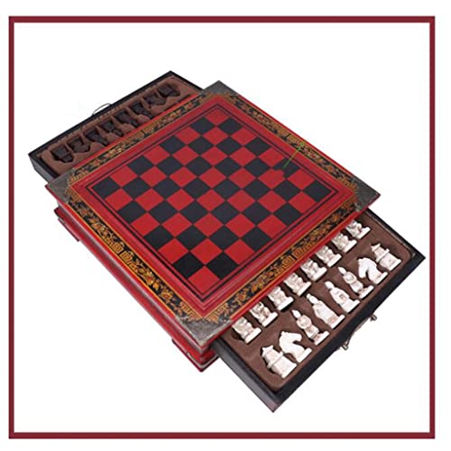 Schach-Tischschachspiel, Kunstharzschach mit Imitation der Qin-Terrakotta-Krieger und -Pferde, tragbares Schachbrett aus Holz mit Schubladen von ROLTIN