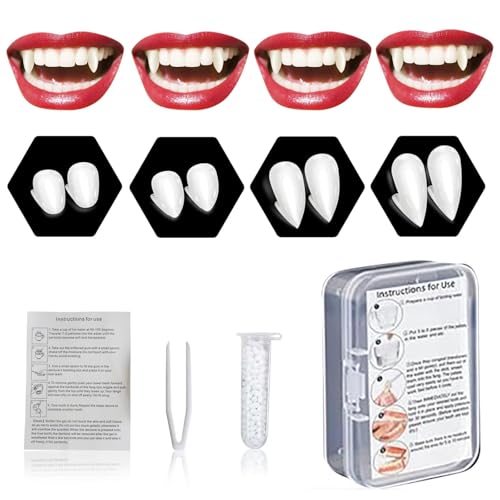 ROMANVIC 4 Pairs Vampir Zähne Kit 4 Größen Vampirzähne Halloween Cosplay Vampir Fangs Gefälschte mit 1 Rohr Zähne Pellets Klebstoff für Party Cosplay, Halloween, Demon, Witch ROMANVIC 4 Pairs Vampir Zähne Kit 4 Größen Vampirzähne Halloween Cosplay Vampir Fangs Gefälschte mit 1 Rohr Zähne Pellets Klebstoff für Party Cosplay, Halloween, Demon, Witch von ROMANVIC