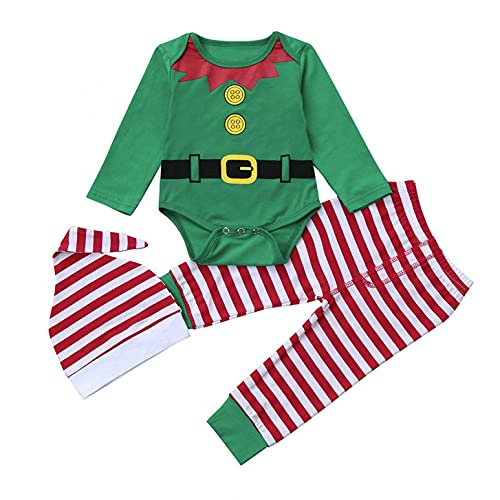 RONGbbppQ Uni My 1st Christmas Neugeborenes Baby Jungen Mädchen Outfits Xmas Elfe Weihnachtsmann Kostüm Rentier Schneemann Baumwolle Strampler Langarm Bodysuit + Overall + Hut 3-teiliges Set Herbst von RONGbbppQ