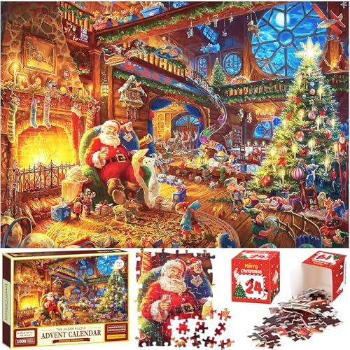 RONSTONE Adventskalender 2024 Puzzle - Weihnachts Jigsaw Puzzle - 24 Boxen - 1008 Teile Puzzles Countdown bis Weihnachten - Weihnachtsgeschenke für Erwachsene und Kinder - Weihnachtsmann Zwerge von RONSTONE