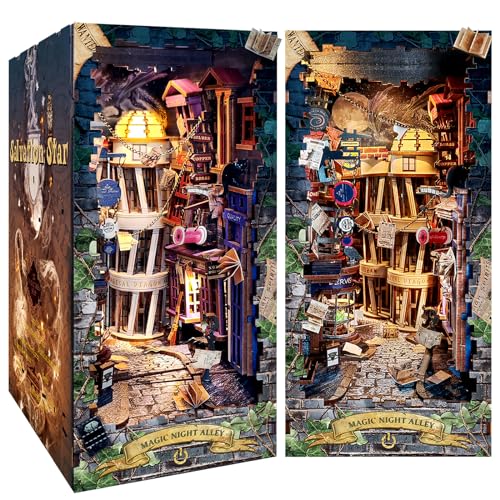 DIY Magische Nachtgassse Book Nook Kit,Miniatur Puppenhaus Bücherregal mit LED Licht,3D Holzpuzzle Buchstütze Bücherregal einfügen Dekoration Kreatives Geschenk für Erwachsene von RONSTONE