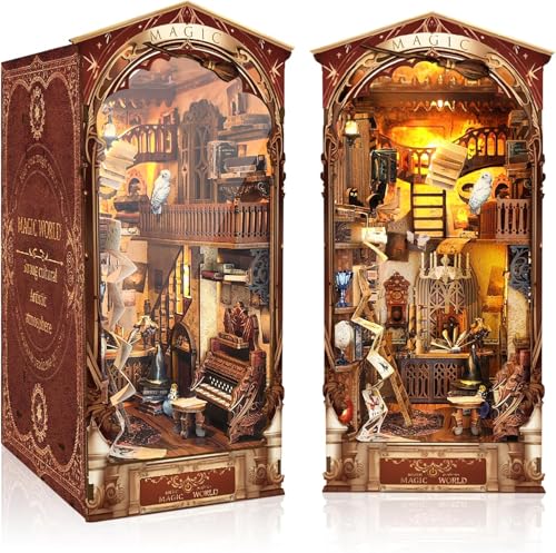 RONSTONE DIY Magische Welt Book Nook Kit, DIY Puppenhäuser Miniatur Haus Kit mit Staubschutzhülle und LED-Licht, 3D Puzzle Buchstützen aus Holz, Kreative Geschenkdekoration für Erwachsene ab 14+ von RONSTONE