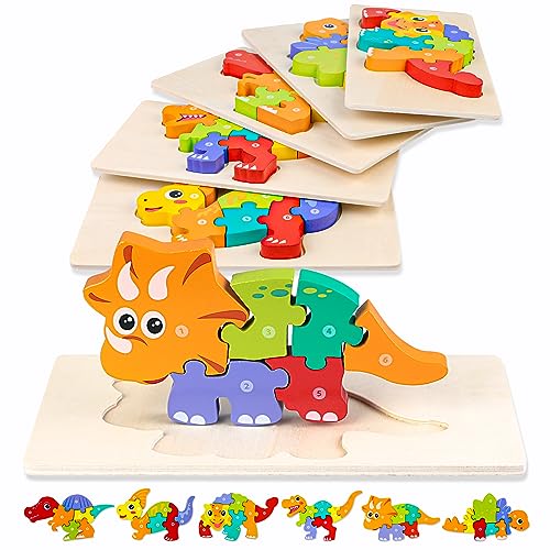 6 Stück Dinosaurier Holzpuzzle für Kinder ad 3 Jahr: Puzzles Spielzeug ad 3+ Jahre mit Kordelzugbeutel, lernendes pädagogisches Baby Puzzle, Geschenk für 3 jährige Jungen Mädchen von RONSTONE