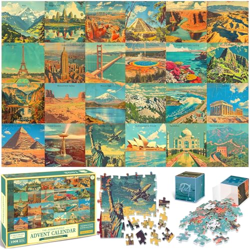 RONSTONE Adventskalender 2024 Weihnachtspuzzles: 24 Tage Countdown-Kalender Puzzle Adventskalender für Erwachsene für Jungen Mädchen - 1008 Teile Reiselandschaft Puzzle Adventskalenderspiel von RONSTONE