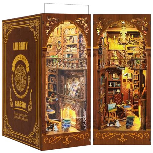 RONSTONE DIY Book Nook Kit - Salbei Bibliothek Puppenhaus Booknook Bücherregaleinsatz Decor Alley mit herausnehmbarem Bücherregal - DIY Miniatur Haus Kit mit Led Licht für Erwachsene Jugendliche 14+ von RONSTONE