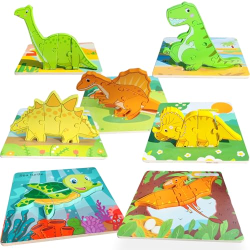 Holzpuzzles für Kleinkinder 1-3, 7 Stück, 34 Teile, 3D-Dinosaurier-Puzzles für Kinder 3-5, Vorschul-Lernaktivitäten, Montessori-Spielzeug, Geschenk für Jungen und Mädchen von RORANIC