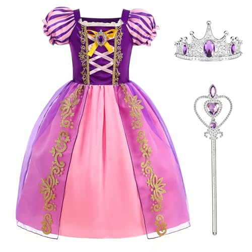 ROSADAGE Prinzessin Rapunzel Kostüme Halloween Cosplay Party Dress Up für kleine Mädchen mit Zubehör (Lila, 130(5-6T)) von ROSADAGE