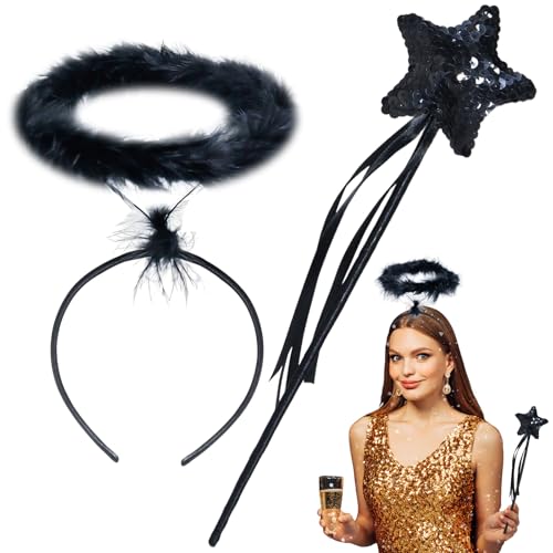 ROSAUI Heiligenschein schwarz und Zauberstab, Engels Kostüm Accessoire für Damen, Engelskostüm Haarschmuck Accessoire für Halloween, Weihnachten, Karneval & Faschinn, Halloween Horn Headband von ROSAUI